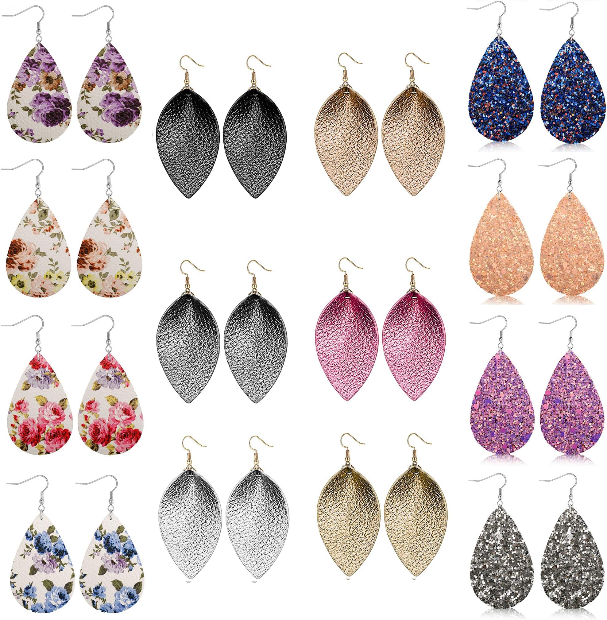 8-14 Pairs Leather Drop Earrings for Women Lightweight Boho Teardrop Dangle Earring Set