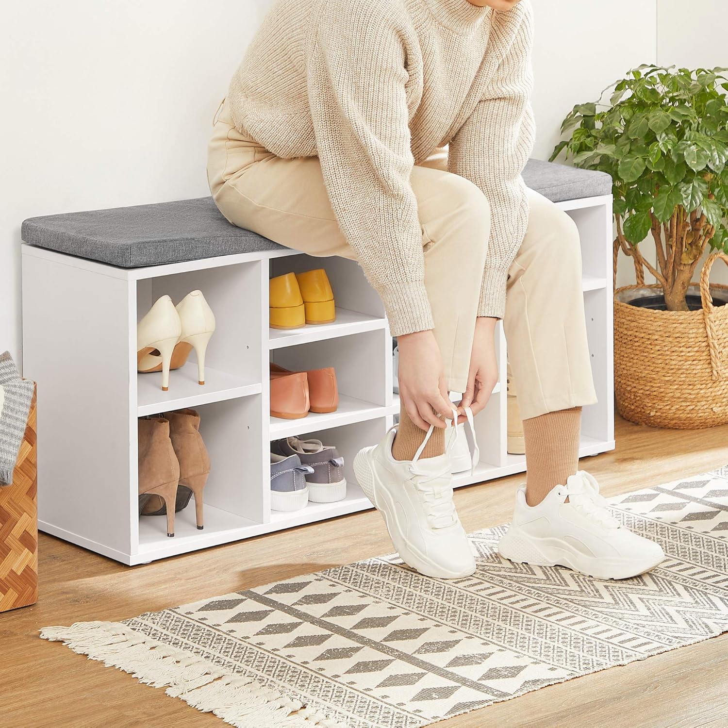 VASAGLE Cubbie Shoe Cabinet Storage Bench with Cushion, Adjustable Shelves, Holds up to 440lb, White ULHS10WT: Kitchen & Dining