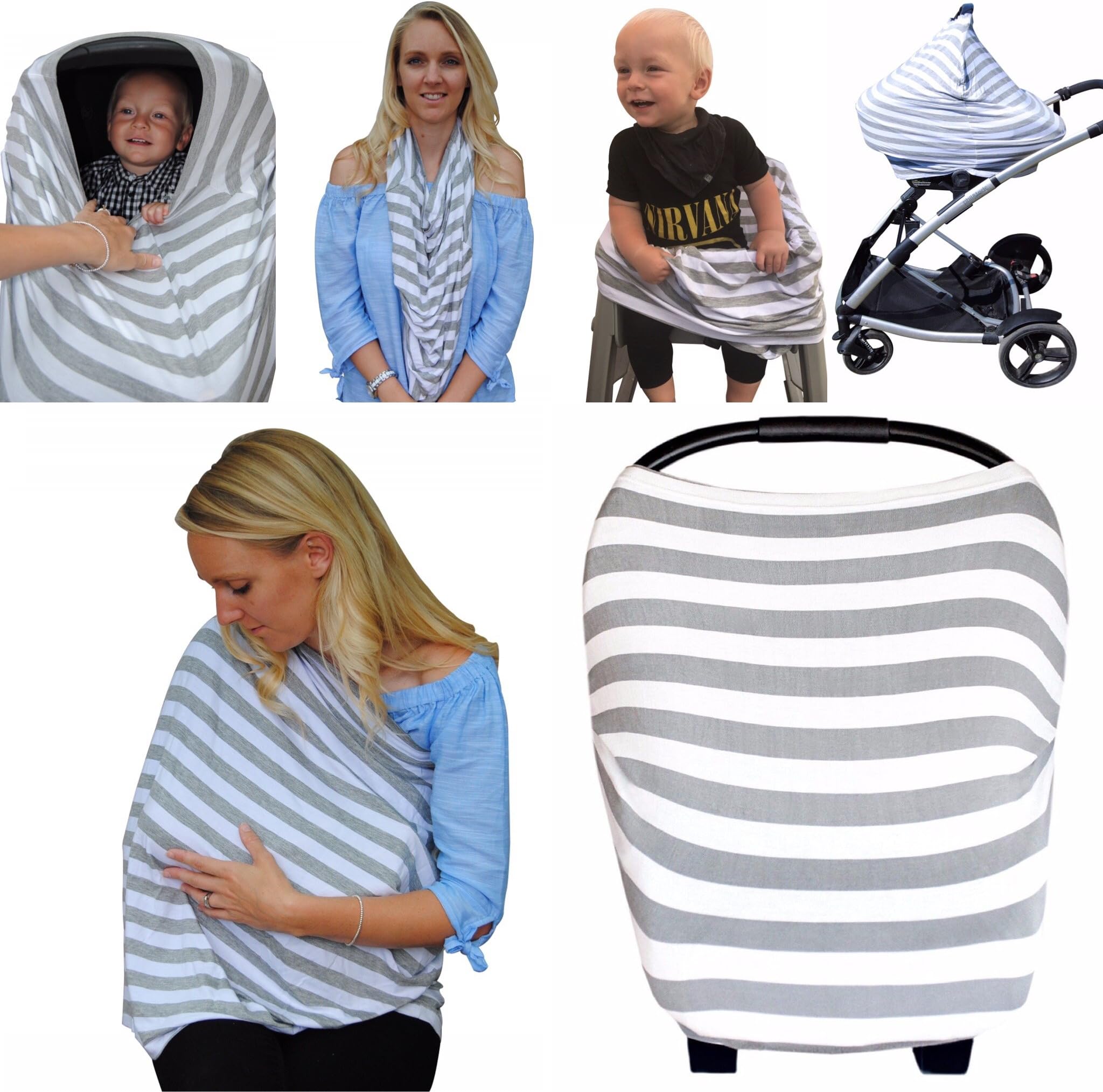 Nursing Breastfeeding Cover 5-in-1 Multi-Use Scarf - Breathable Stretchy Fabric - Convertible Nursing Cover, Baby Car Seat Canopy, Infinity Scarf - Breastfeeding Cover for Boys & Girls