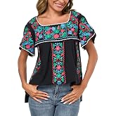 Womens Mexican Peasant Blouse Embroidered Tops Summer Vacation Boho Shirt | Short Sleeve, Scoop Neck, Traditinal Style, Loose Fit, Breathable Cotton, Fiest Party Shirt, Cinco de Mayo Outfit