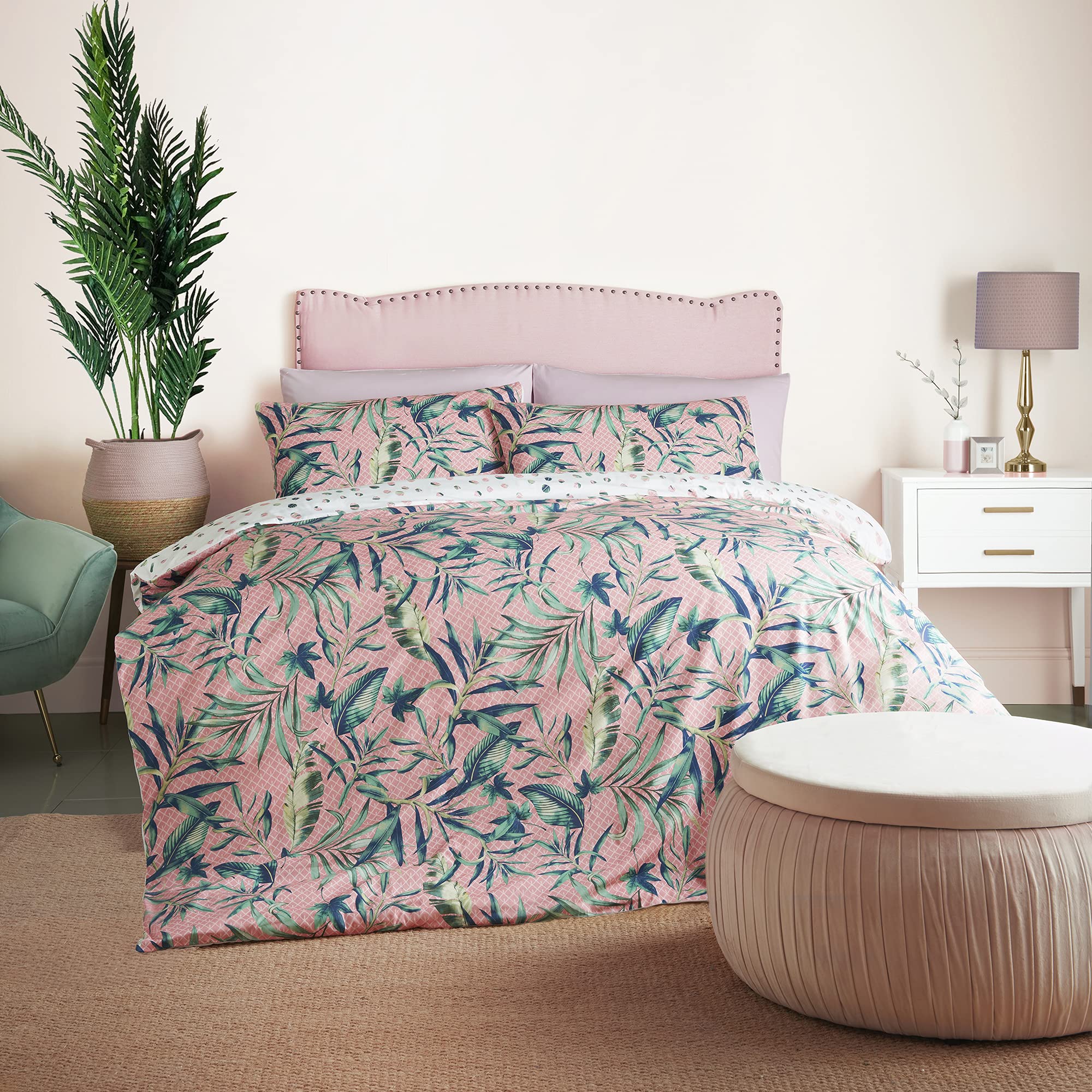 Cosmopolitan Dakota Reversable Leaf Print Duvet Set Super Soft Easy Care Designer Duvet Cover Quilt Bedding Set - Double (200cm x 200cm) + 2 Matching Pillowcase, 541770GE