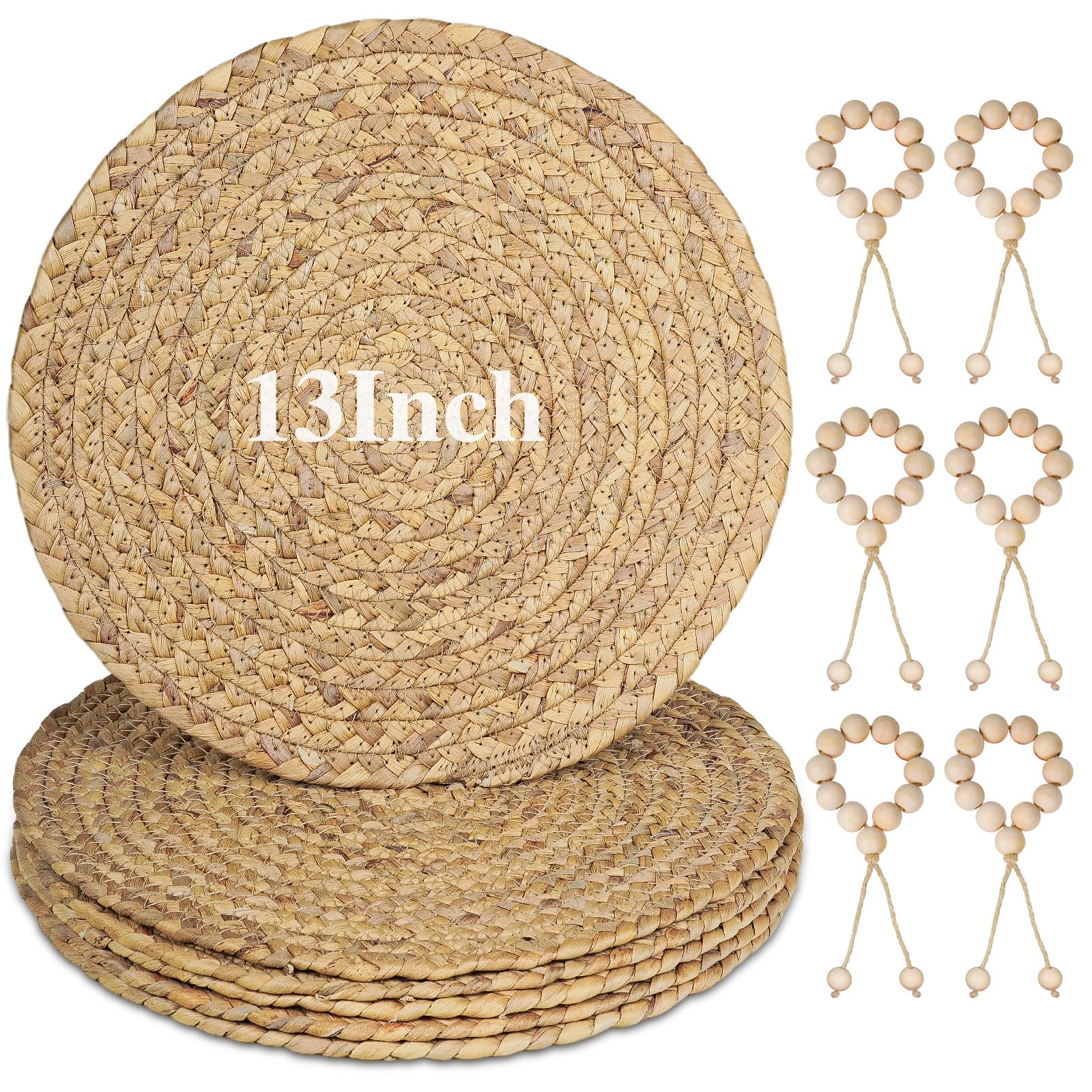 Photo 1 of 13” Woven Round Placemats Set of 6, Natural Water Hyacinth Braided Table Mats with 6 Wood Bead Napkin Rings, Washable Boho Farmhouse Rattan Place Mats for Home, Outdoor, Table Decor, Dinning, Wedding