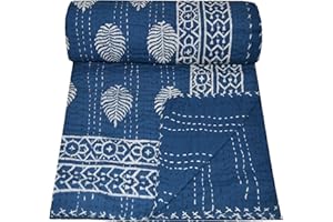 V Vedant Designs Indian Handmade Twin Cotton Kantha Quilt Throw Blanket Bespread Indigo Blue 90x60 Inch