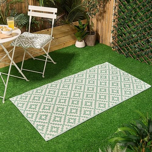 Dreamscene Outdoor Rug Geometric Print, Waterproof Garden Mat Foldable Reversible Decking Outdoor Carpet Non-Slip Area Rug For Patio Deck Poolside, Sage/White-80x150cm