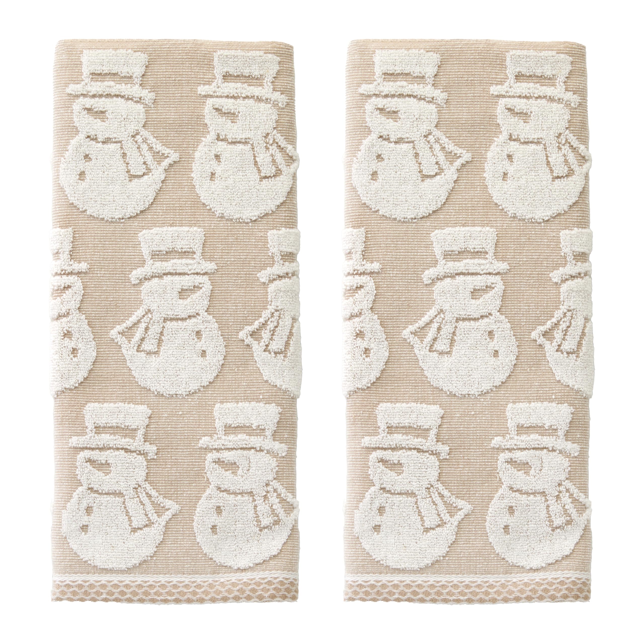 SKL Home Christmas/Winter Snowman Jacquard 100% Cotton Reversible 2pc Hand Towel Set, Soft & Absorbent, Decorative for Bath/Kitchen/Bar & Gift, Tan Image