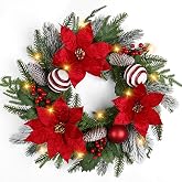 CHEAWRTZ 24in Pre-lit Christmas Wreath with 30 Lights & 8 Modes | Real Touch Artificial Pine Greenery with Poinsettia & Pinecones Farmhouse Decor for Front Door Porch Window Wall Fireplace