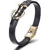 WISTIC Men’s Leather Bracelet with Stainless Steel Anchor, Black Genuine Leather Wristband, Nautical Anchor Bracelet for Men, Fits 7.5–8.5 Inch Wrist, 8.7in Inner Circ.