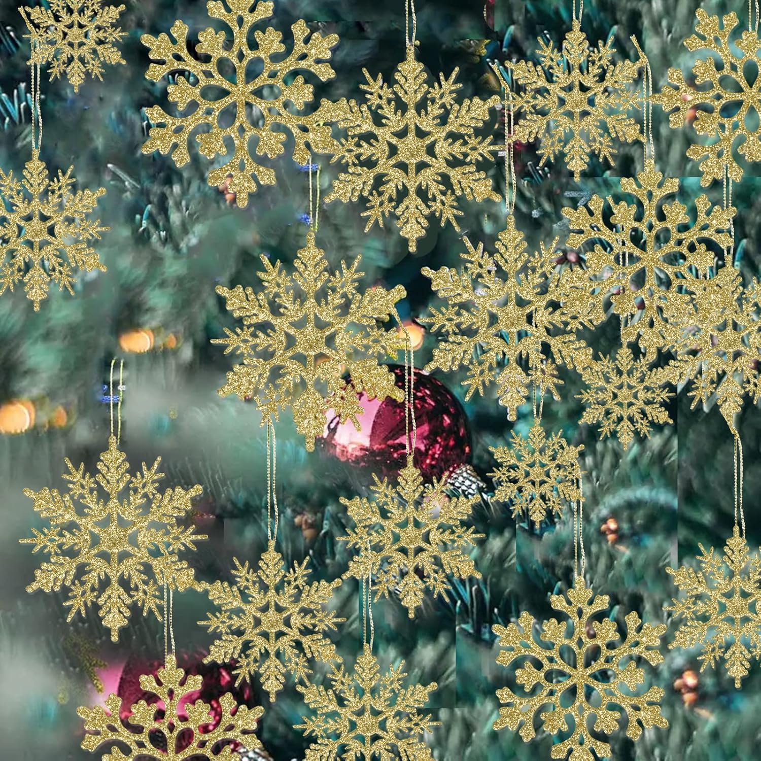 Ornaments - 36 Pack Plastic Gold Snowflake Ornaments Christmas Winter Decorations, Hanging Snowflake Decorations for Winter Wonderland Christmas Tree