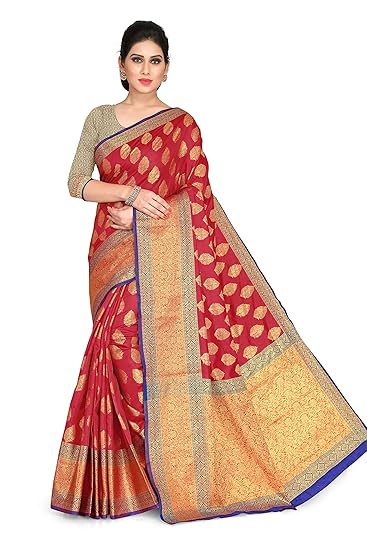 Womens Silk Blend Traditional Woven Sari With Contrast Border Having Rich Pallu & Contrast Blouse