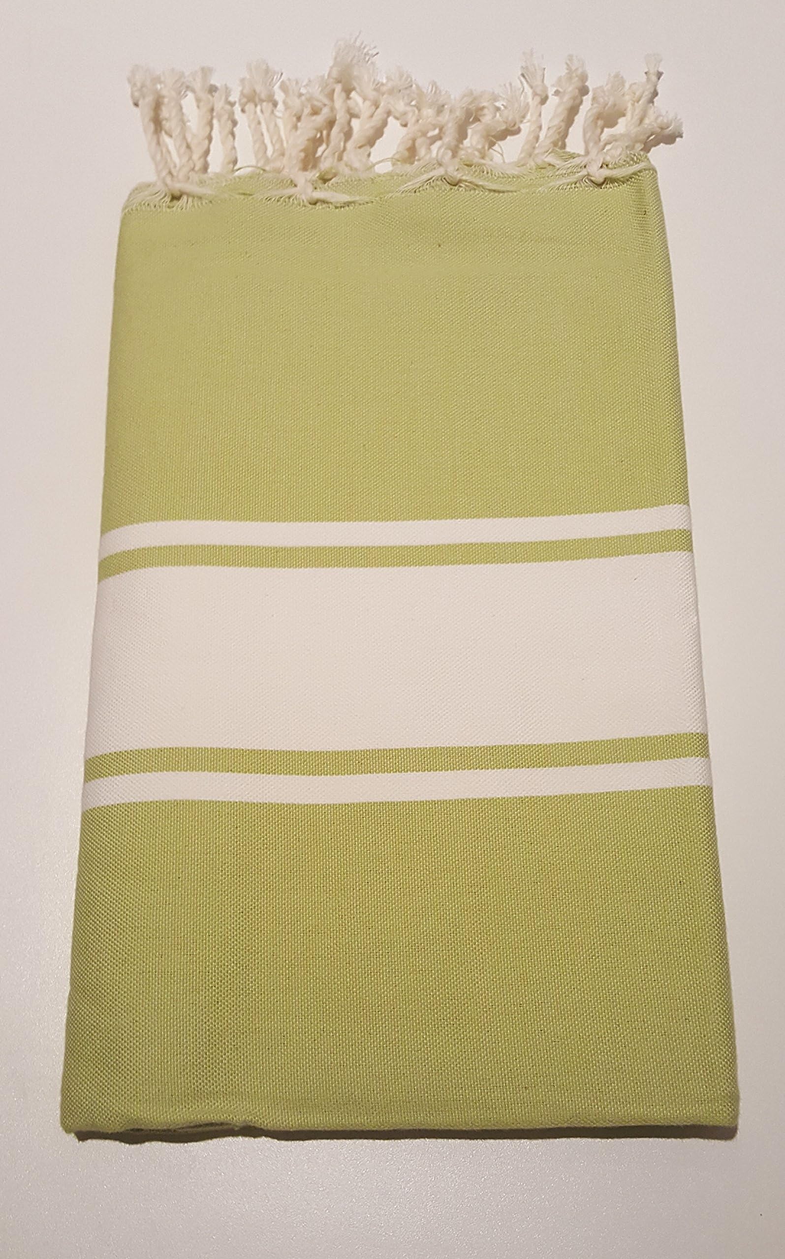 Hamam Towel Fouta Bath / beach / sauna towel - 100 x 200 cm - 100 % cotton - high-quality hand-knotted fringes in premium quality - extremely absorbent - quick drying., Cotton, Limettengrün mit Weißen Balkenstreifen, 100 x 200 cm