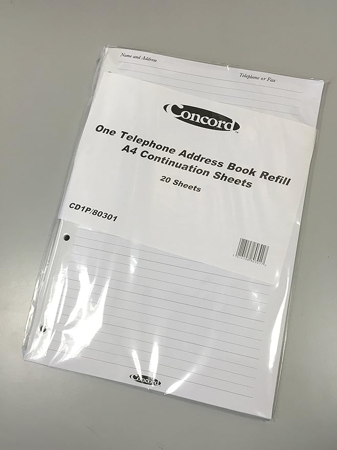 Concord Telephone Index Book CD1 Refill Untabbed 20 Sheets A4 White Ref