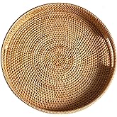 11.8" Round Rattan Tray, Hand Woven Serving Tray with Handles, Wicker Serving Basket, Decorative Tray for Home Decor, Natural