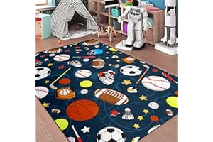 kodhyvj Navy Blue Sport Rugs Boys Rugs for Bedroom Kids Rug Balls with Soccer Ball, Basketball, Football, Tennis Ball Playroom Rug, 2'5"x4'