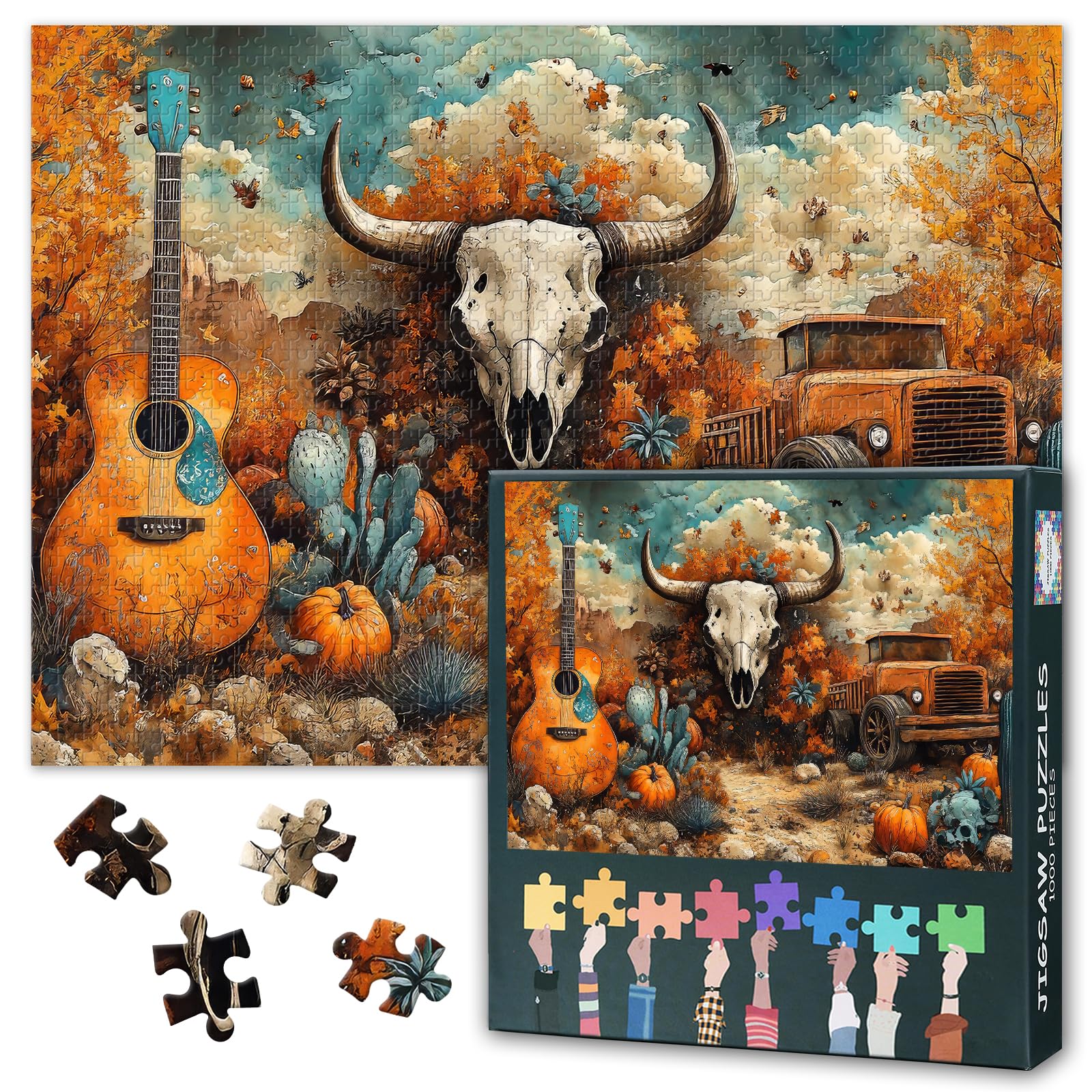 Puzzles for Adults 1000 Pieces Autumn Landscape Puzzle Home Wall Decoration Guitar and Cactus Challenging Family Game Ideal for Puzzle Enthusiasts Artwork Puzzles Finished Size: 70x50cm — image 1