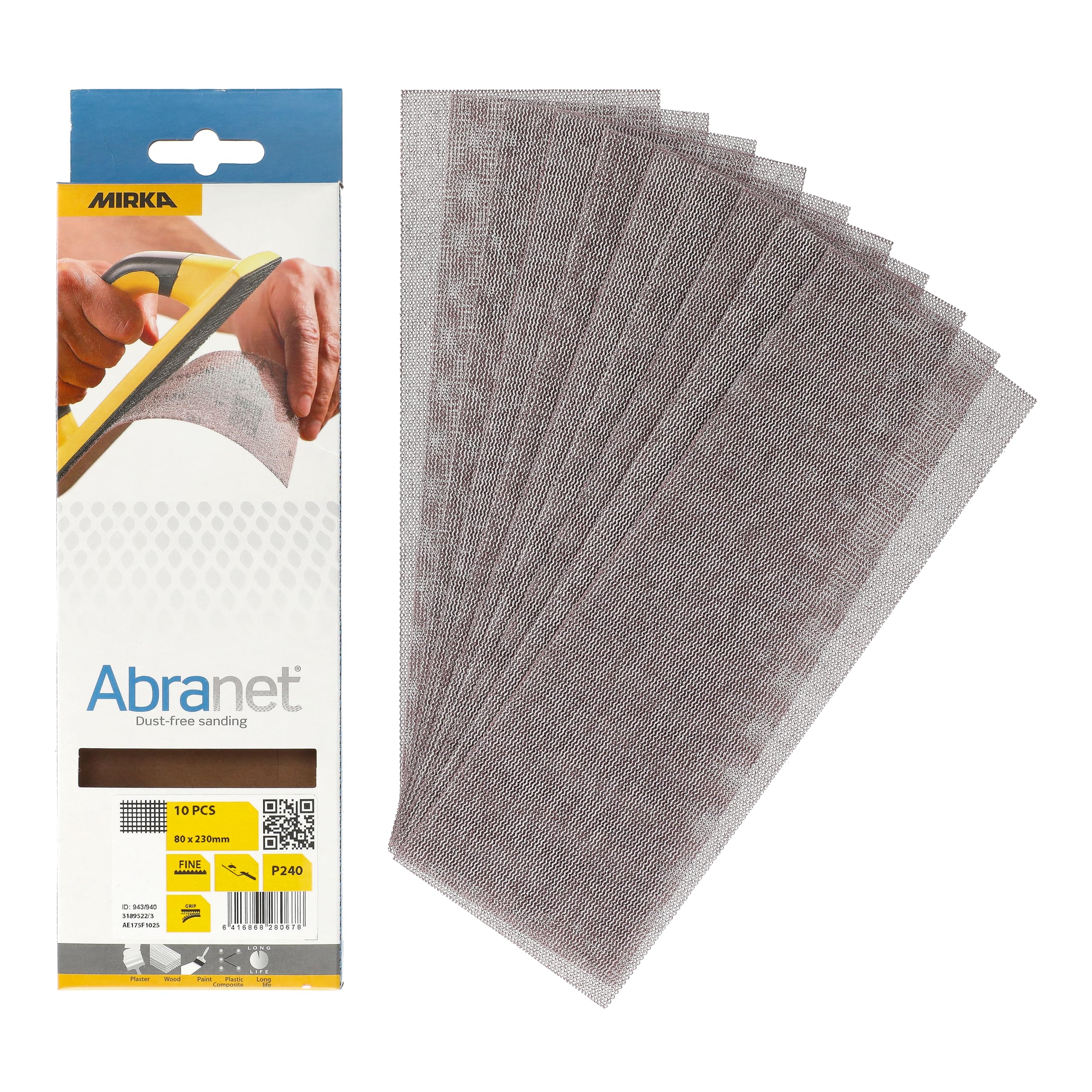 Mirka Abranet net sandpaper strips 80x230 mm/Hook & loop/Grit P240 / 10 pcs / AE175F1025 / for dust-free sanding of wood, walls, metal, aluminium, stainless steel, filler, varnish, plastic