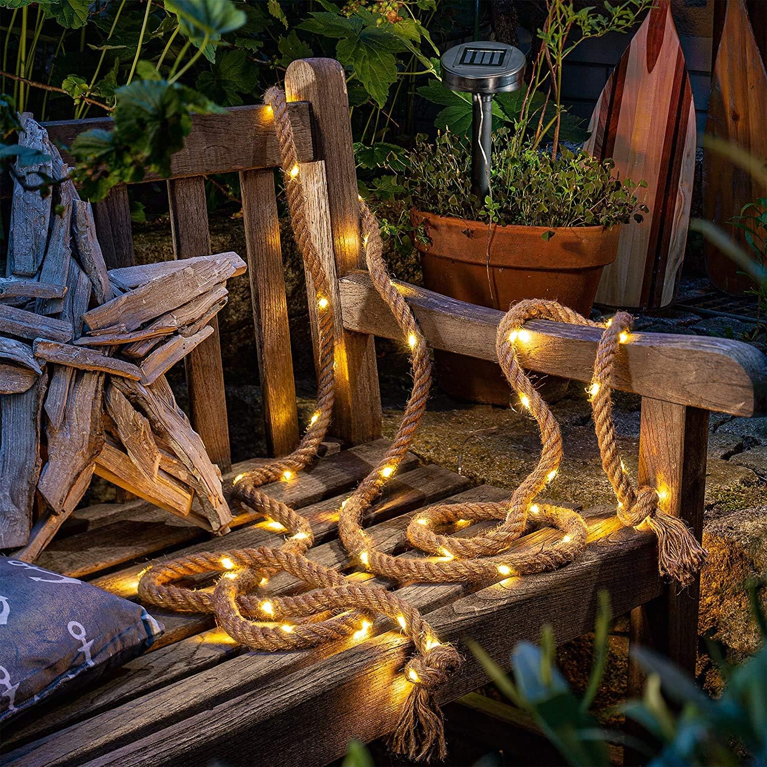 Auraglow Solar Powered 60 LED Bulb Decorative Garden Outdoor Natural Hemp Rope String Fairy Light, Ideal for Pergolas Gazebos - Image 3