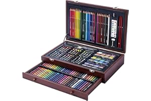 ART 101 USA 142 Pc Art Set with Colored Pencils, Crayons, Pastels, Watercolors in Wood Carrying Case