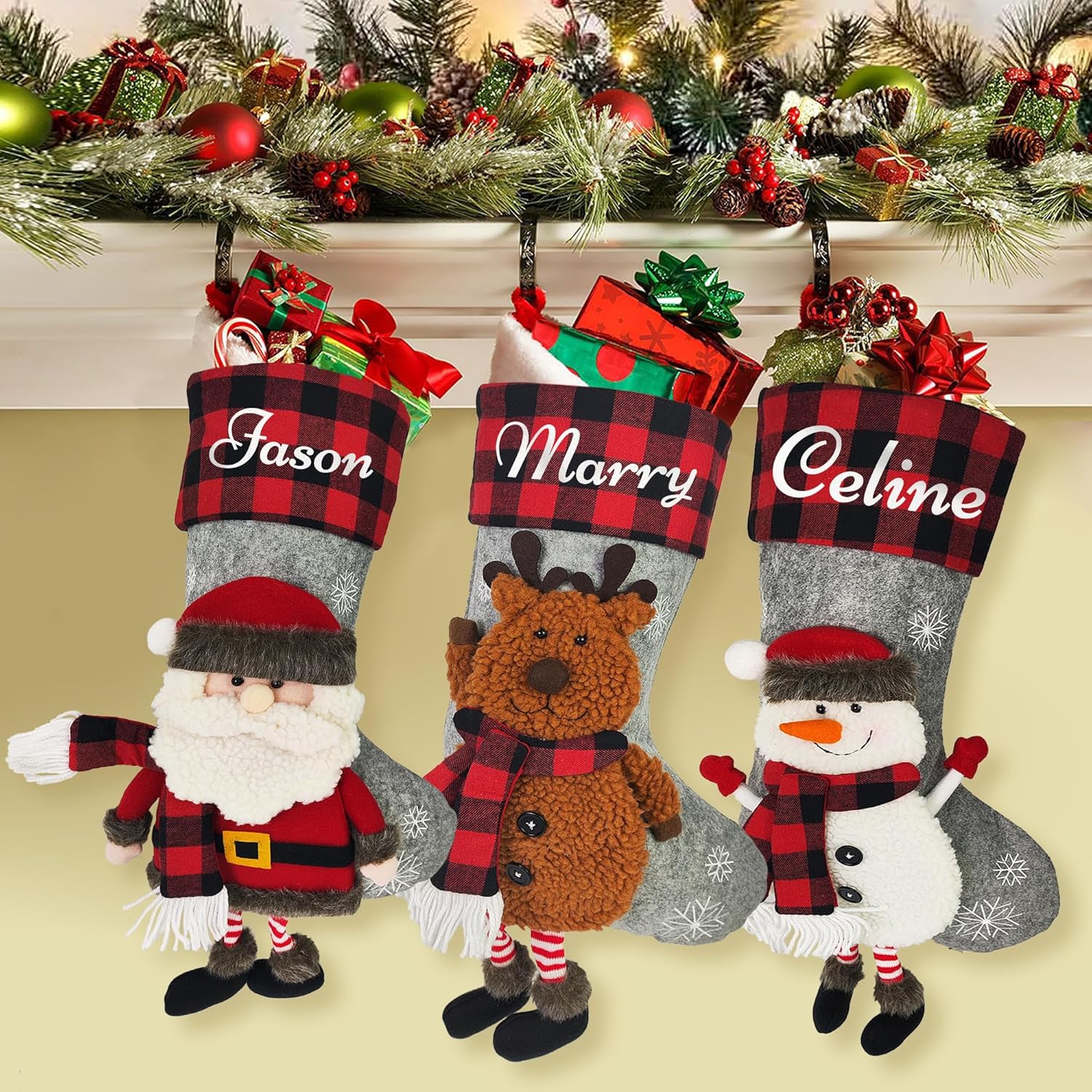 Stockings & Holders - Personalized Christmas Stockings, Custom Santa Claus Elk Bear Snowman Christmas Stockings for Kids with Name Family Ornament for Xmas Holiday Family Christmas Tree, Fireplace Decoration, 1 Pack