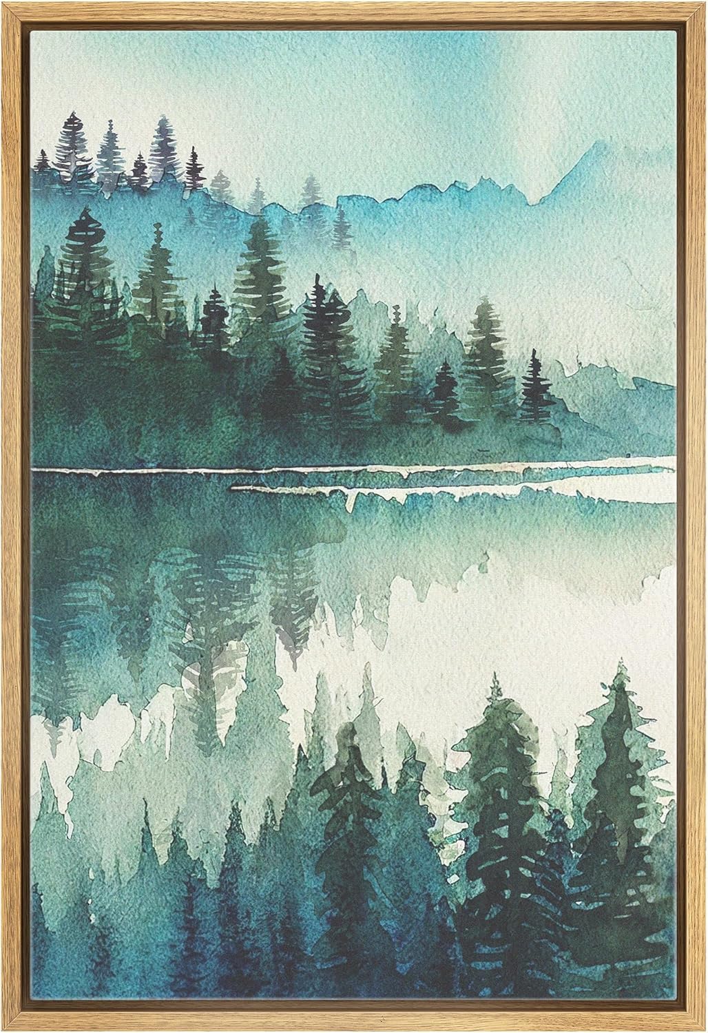 Posters & Prints - SIGNWIN Framed Canvas Print Wall Art Teal Pastel Mountain Range Lake Nature Landscape Prints Minimalist Modern Art Woodland Nursery Decor for Living Room, Bedroom, Office - 16