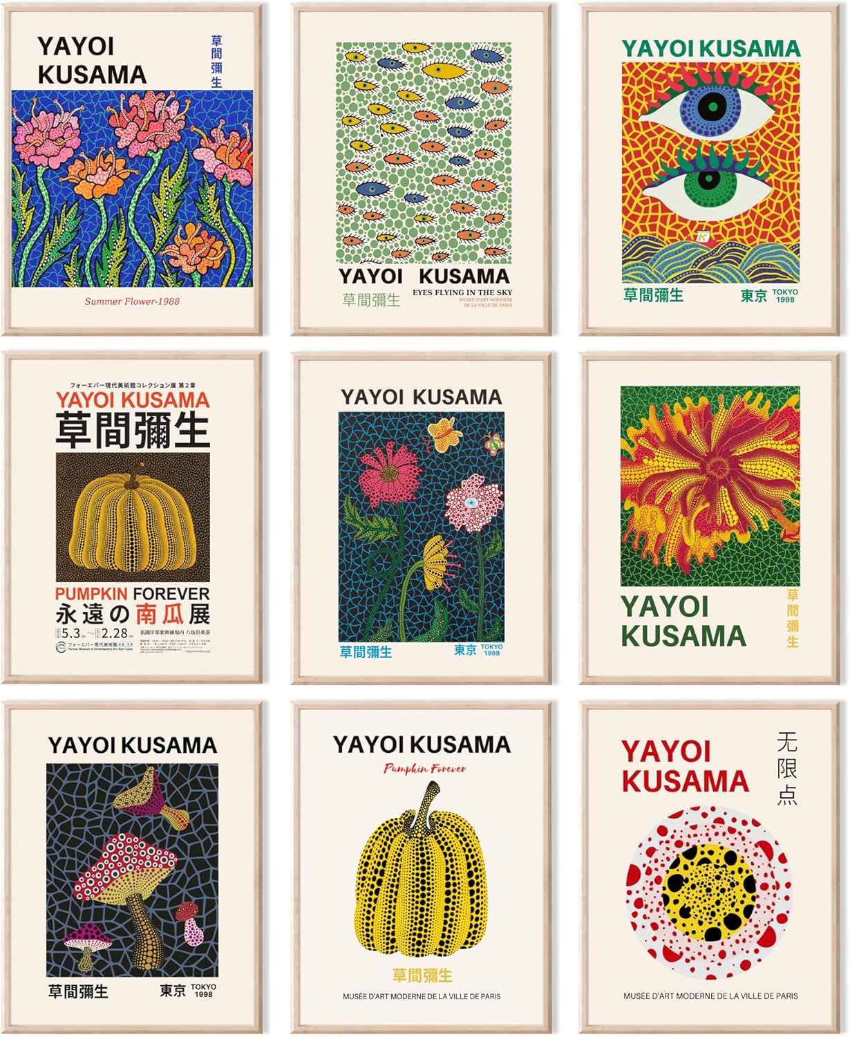 Wall Décor - Yayoi Kusama Posters, Vintage Yayoi Kusama Wall Art Prints Gallery Exhibition Poster Set, 草間弥生 Japanese Canvas Paintings Aesthetic Wall Decor for Bedroom, Living Room, Bathroom, Hallway |Unframed 8