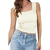 MISSACTIVER Women Square Neck Wide Straps Crop Tank Tops Casual Floral Sleeveless Lettuce Trim Slim Fit Crop Cami Vest Tops