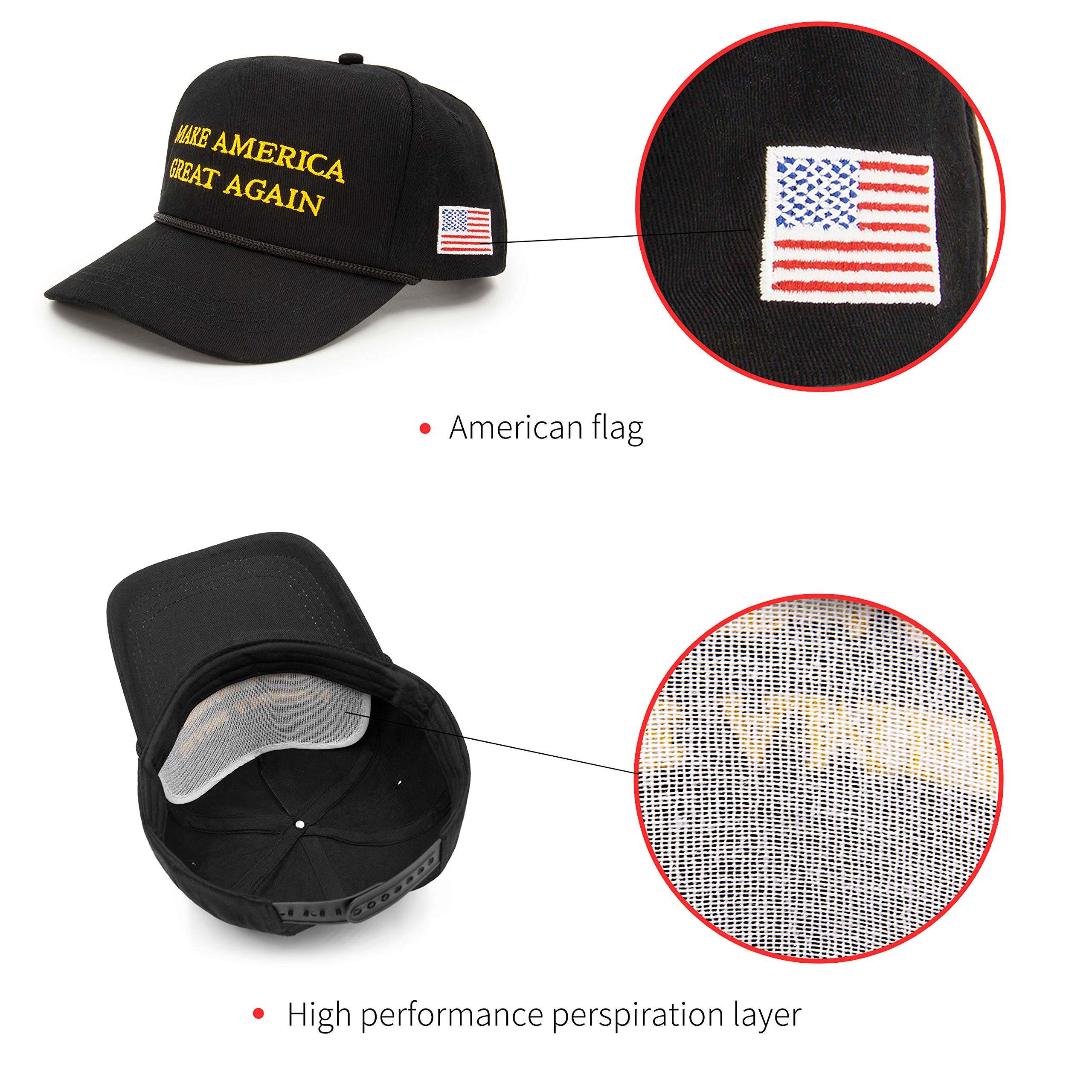 Milisente Make America Great Again Hat USA Flag Cotton Ajustable Baseball Cap (Black)
