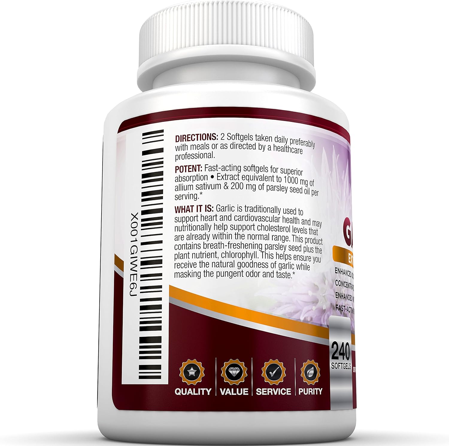 BRI Nutrition Odorless Garlic - 240 Softgels - 1000mg Pure and Potent Garlic Allium Sativum Supplement (Maximum Strength) - 120 Day Supply: Health & Personal Care