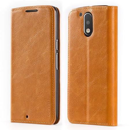 Mulbess Ledertasche im Ständer Book Case für Motorola Moto G4 und Moto G4 Plus Tasche Hülle Leder Etui,Cognac Braun