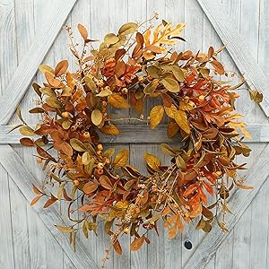 AMF0RESJ Artificial Fall Wreath for Front Door Autumn Wreath with Bright Oak Leaves,Small Pumpkin,Berry Branches,Mixed Leaves for Farmhouse Indoor Outdoor Window Wall Door Decor