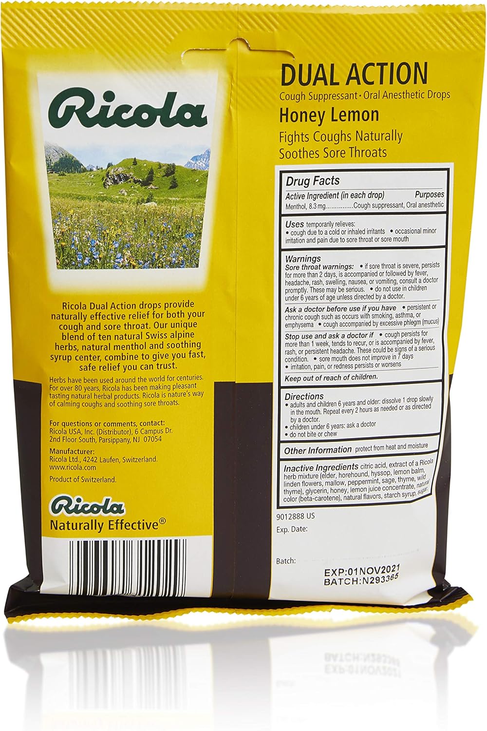 Ricola Dual Action Honey Lemon Herbal Cough Suppressant Throat Drops, 19ct Bag (Pack of 2): Health & Personal Care