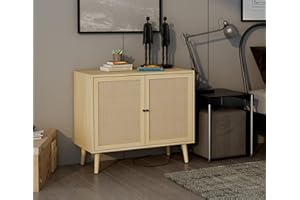 QHITTY Rattan Sideboard Buffet Cabinet, Accent Kitchen Storage Cabinet Console Table with Adjustable Shelves for Living Room, Dining Room, Bedroom (Natural)