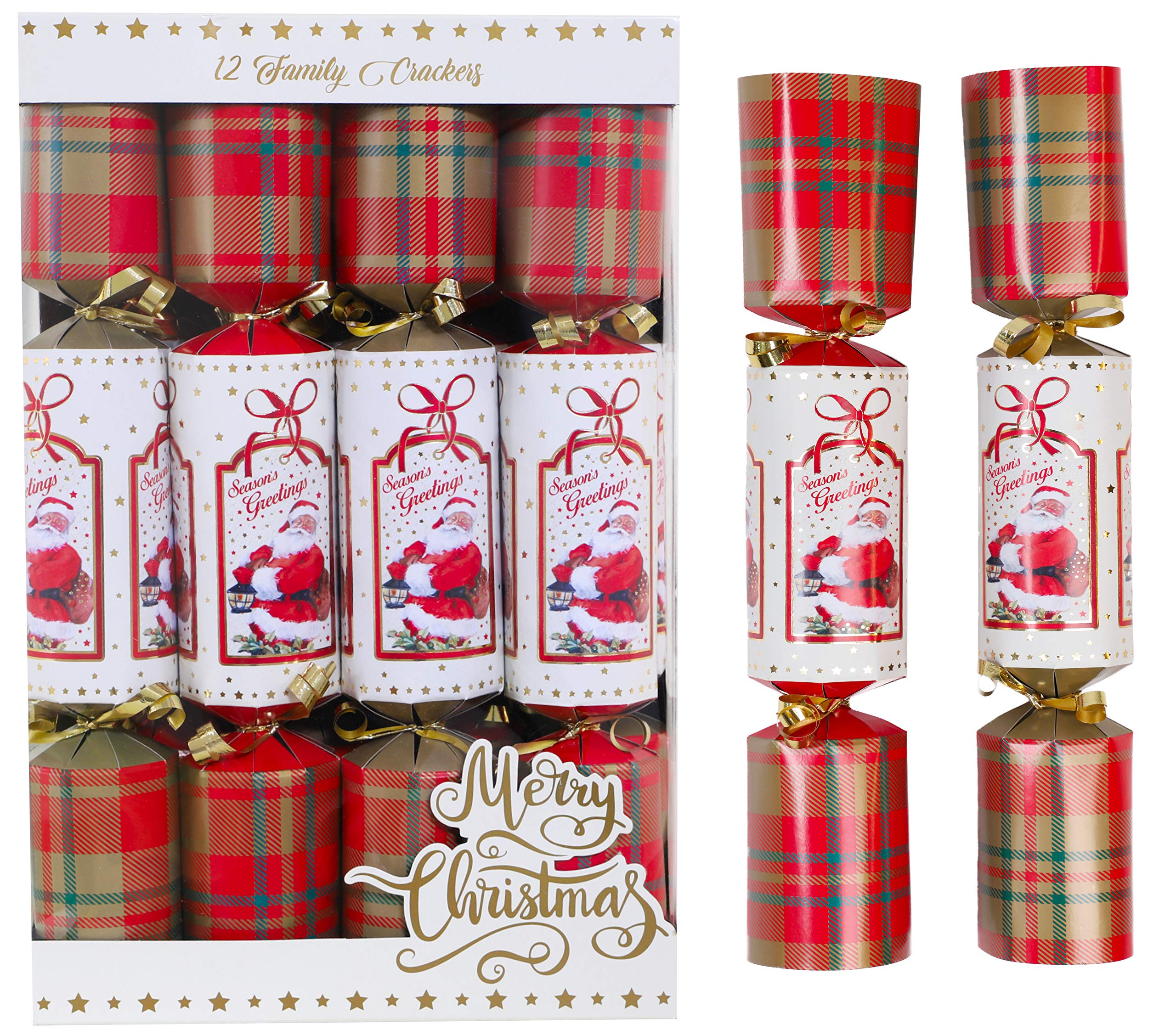 Toyland® Pack of 12 Tartan Santa Christmas Crackers - 30cm Traditional Festive Crackers with Snap, Paper Hats & Novelty Gifts for Christmas Dinner Table Décor (Red/Green Tartan)
