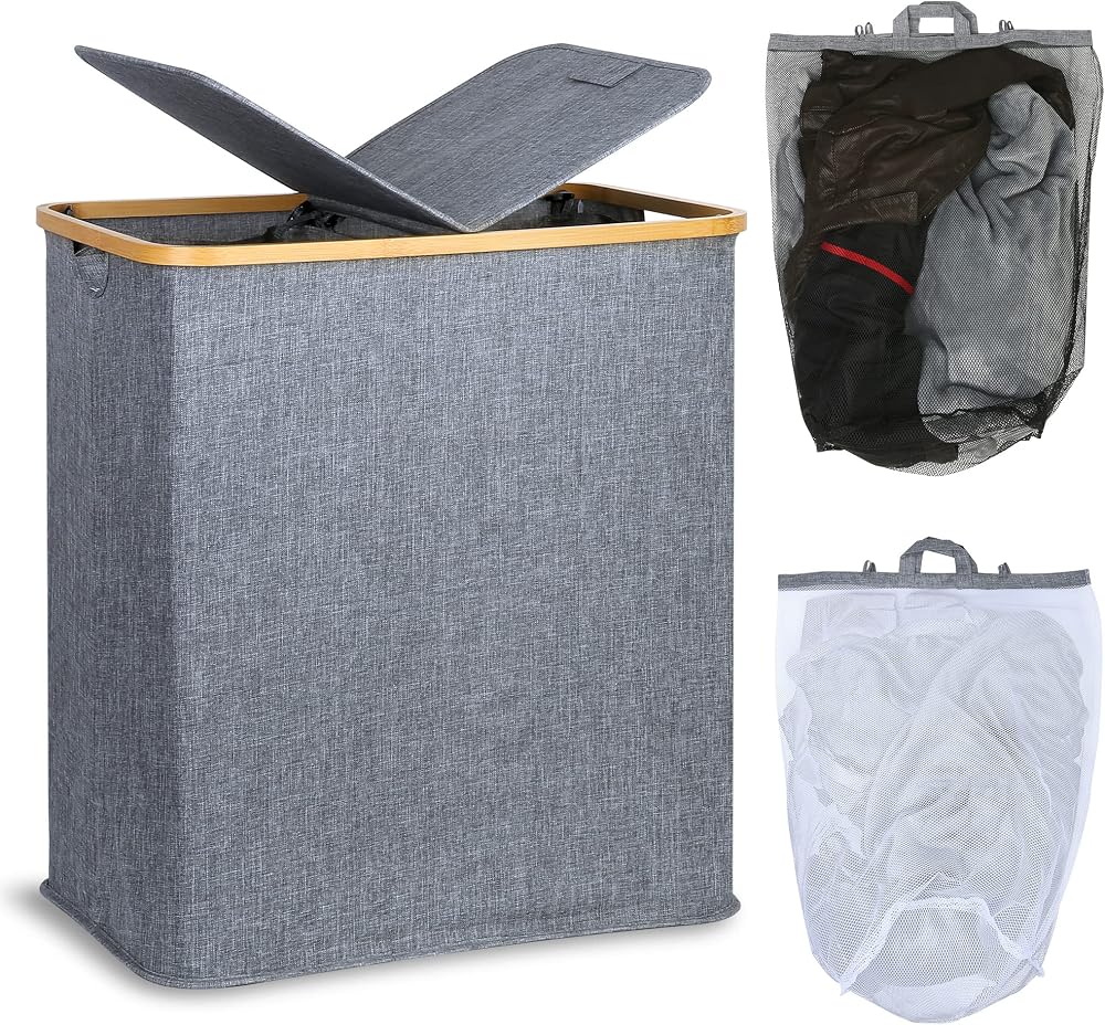 efluky 140L Laundry Baskets with Lid 2 Compartments Blue Grey