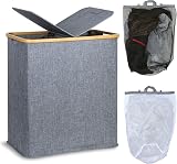 efluky 140L Laundry Baskets with Lid 2 Compartments Blue Grey