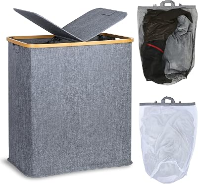efluky 140L Laundry Baskets with Lid 2 Compartments Blue Grey