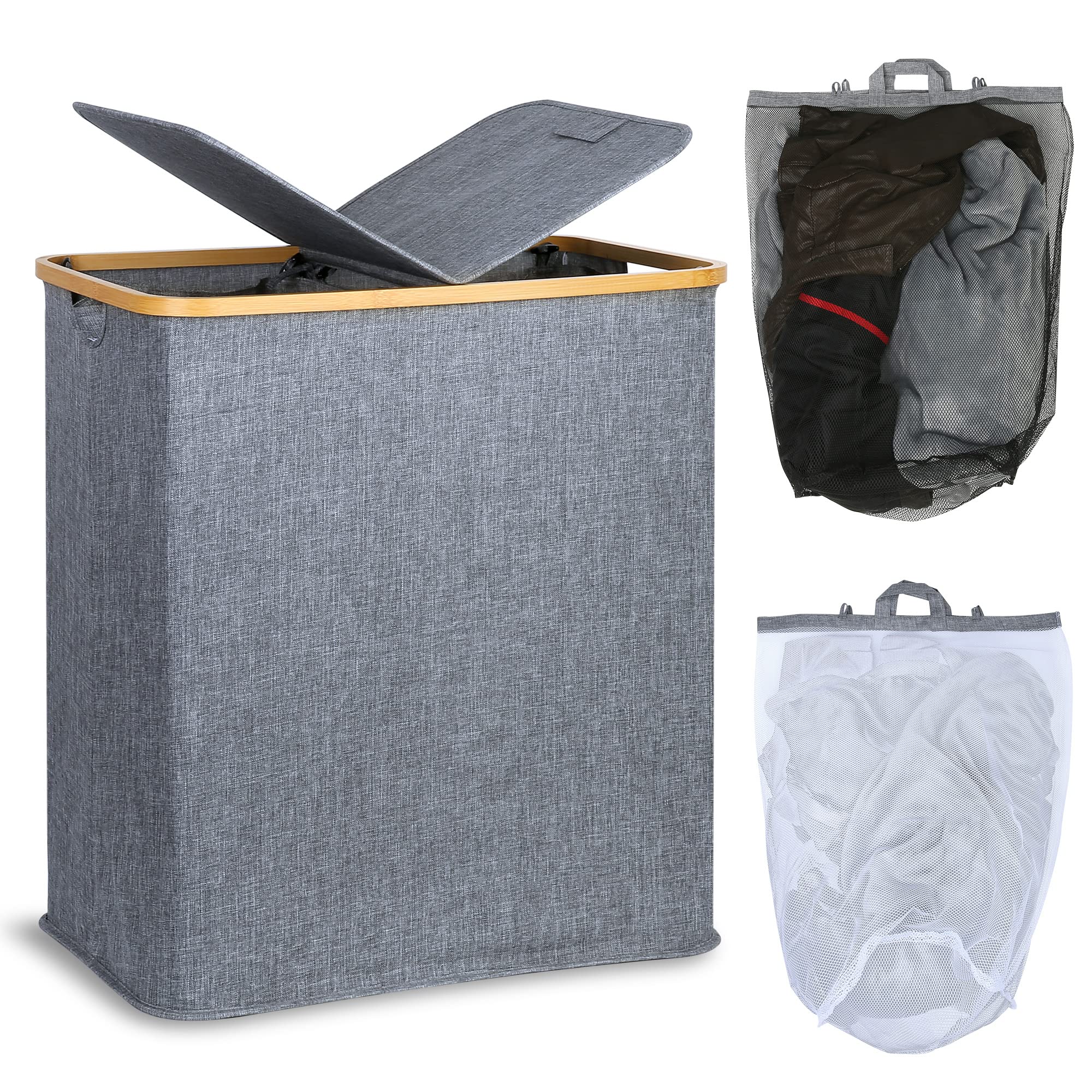 efluky 140L Laundry Baskets with Lid 2 Compartments, Large Laundry Hamper, Double Laundry Basket Laundry Storage with 2 Removable Bags, Blue Grey