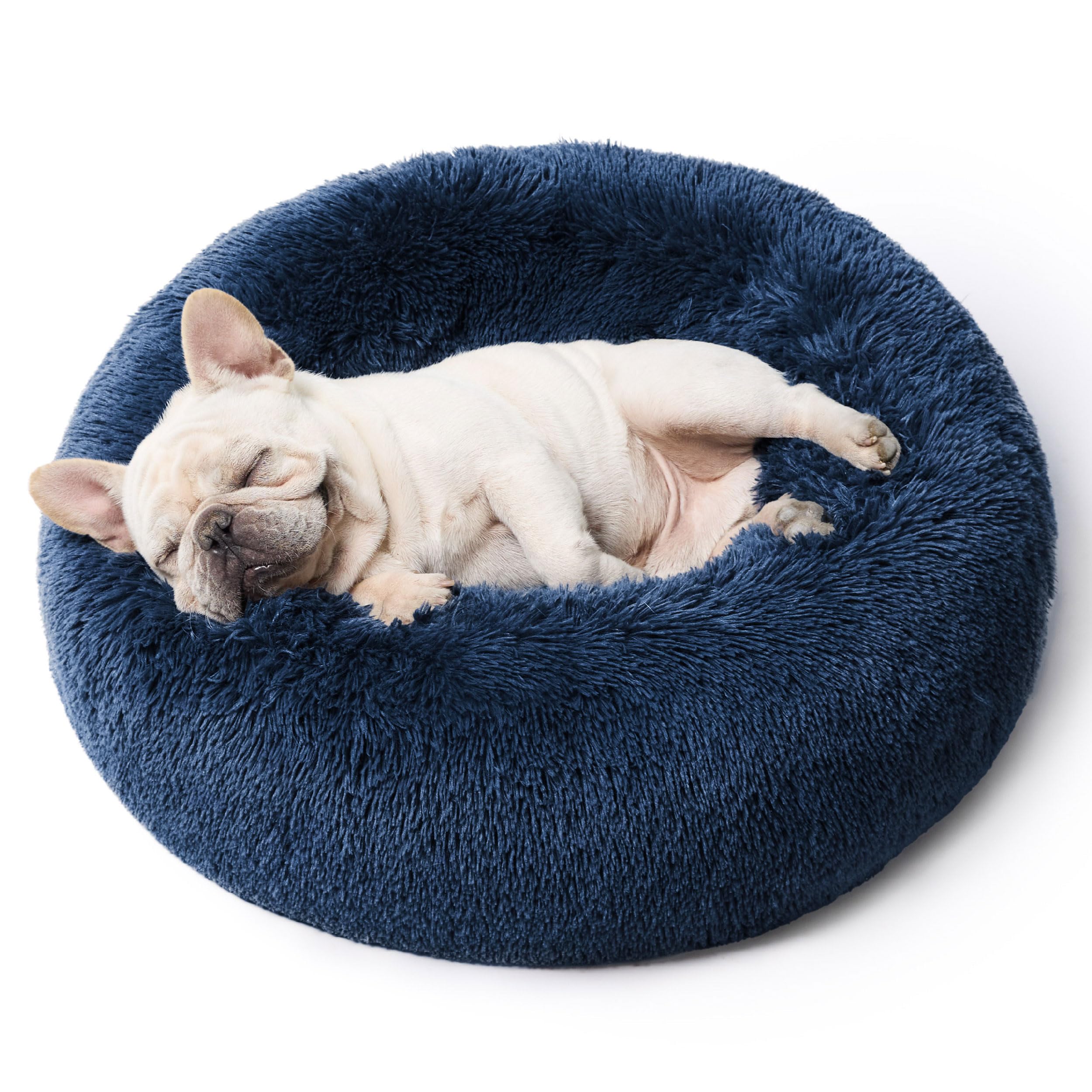 Photo 1 of Bedsure Calming Dog Bed for Small Dogs - Donut Washable Small Pet Bed, 23 inches Anti-Slip Round Fluffy Plush Faux Fur Large Cat Bed, Fits up to 25 lbs Pets, Navy