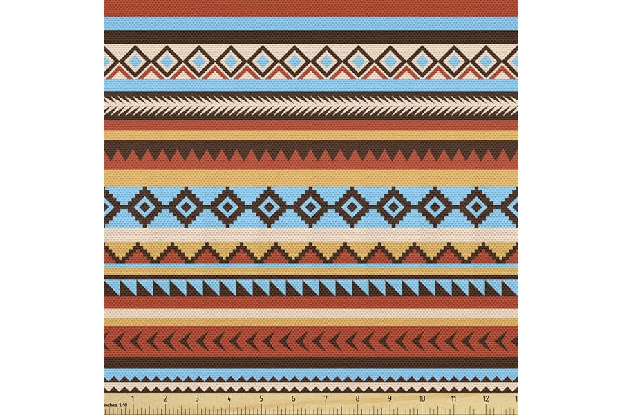 Lunarable Tribal Fabric by The Yard, Pattern Chevrons Arrow Heads Rectangles Motifs Design, Decorative Fabric for Upholstery and Home Accents, 2 Yards, Orange Blue