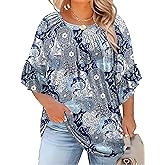 Micoson Womens Plus Size Tops 3/4 Ruffle Sleeve Shirts Crewneck Pleated Blouses Dressy Casual Fashion Tunic Top (1X-5X)