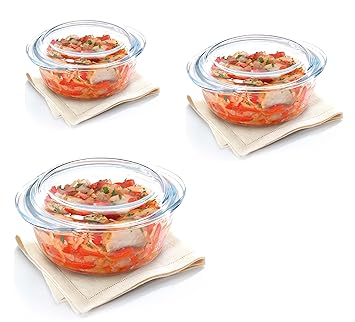 Treo Borosilicate Glass Round Casserole with Lid, Microwave Safe (750, 1500, 2000Ml) - Set Of 3