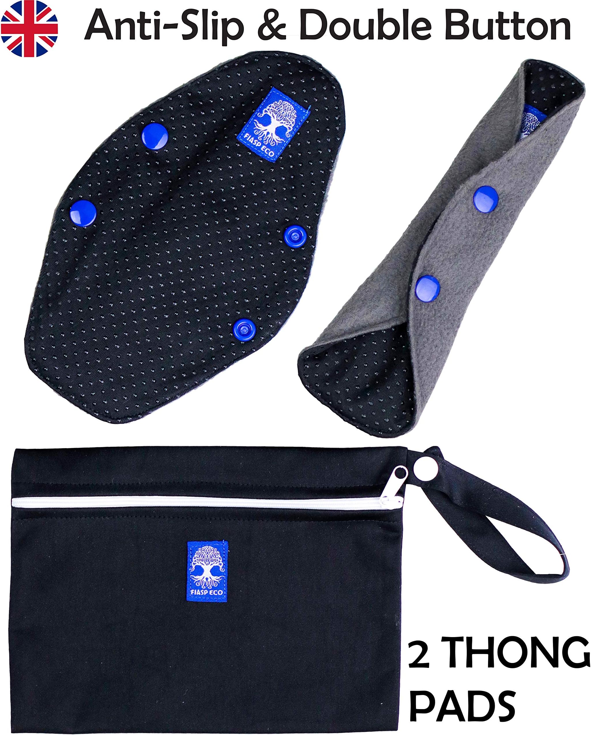 Reusable Sanitary Towels – Anti Slip Period Pads for Heavy Flow, Assorted and Thong Sized Pads with Wet Bag, Bamboo Charcoal and Super-Absorbent Layers, by FIASP ECO (Thong)