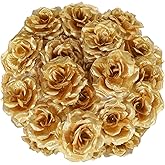 Piriuuo 25 Pcs 3 Inch Gold Flowers, Gold Roses Artificial Flowers Golds Fake Flower Golds Artificial Rose Heads Real Looking for DIY Wedding Bouquets Party Tables Decorations