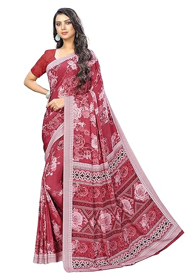 Womens Crepe Georgette Printed Saree With Blouse(green-channel-6271-maroon)