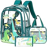AO ALI VICTORY Clear Backpack for Boys Girls,15.6 Inch Kids Clear Backpack Set with Lunch Bag Pencil Case PVC Elementary Bookbag School Student See Through Transparent Travel Back Pack,Green Dinosaur