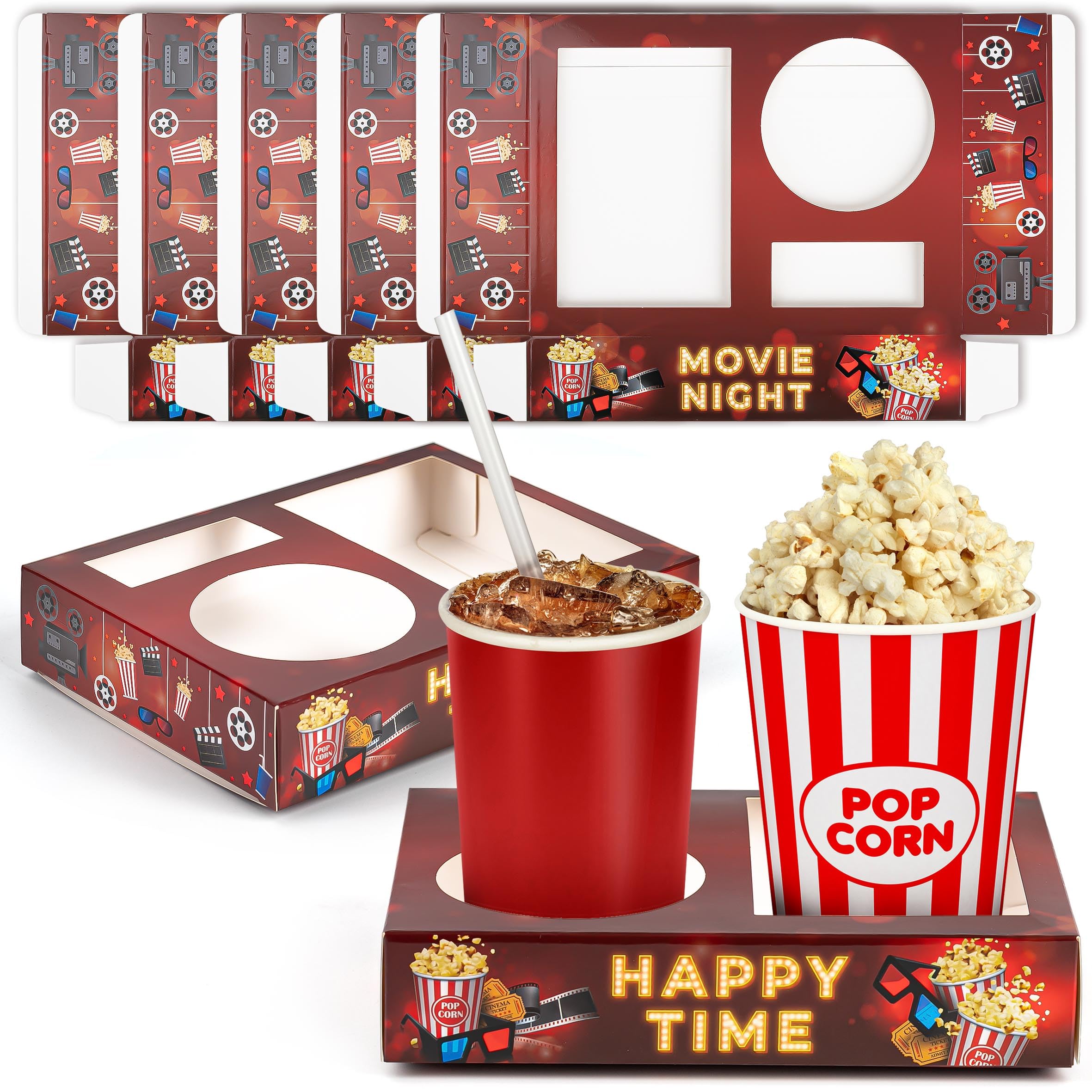 Photo 1 of VELATYVIO Movie Night Snack Trays Disposable Paper Popcorn Drink Holder Theater Food Boxes for Cinema Supplies Family Party Decoration 7.87x5.91x1.57inch Retro Style