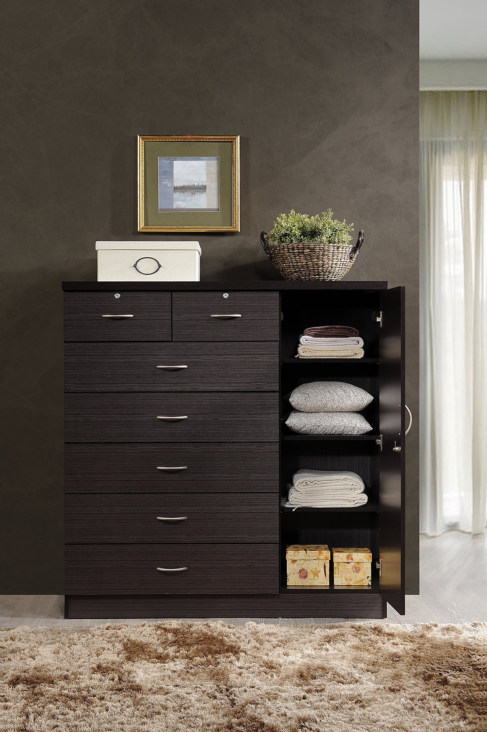 Hodedah HI71DR Chocolate 7 Locks on 2-Top Plus 1-Door with 3-Shelves Chest of Drawers- incomplete one box of two only 