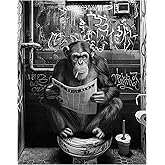 Banksy Style Monkey Bathroom Wall Art 11x14 - Urban Street Art Black White Print - Funny Graffiti Chimpanzee Poster, Cool Man Cave Decor, Toilet Humor Artwork for Men, Masculine Home Office Wall Decor