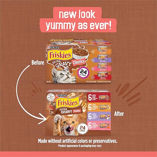 PURINA FRISKIES EXTRA GRAVY WET CAT FOOD CHUNKY 24CT VARIETY PACK (WITH CHICKEN, TURKEY, SALMON, BEEF) – (PACK OF 24) 5.5 OZ. CANS