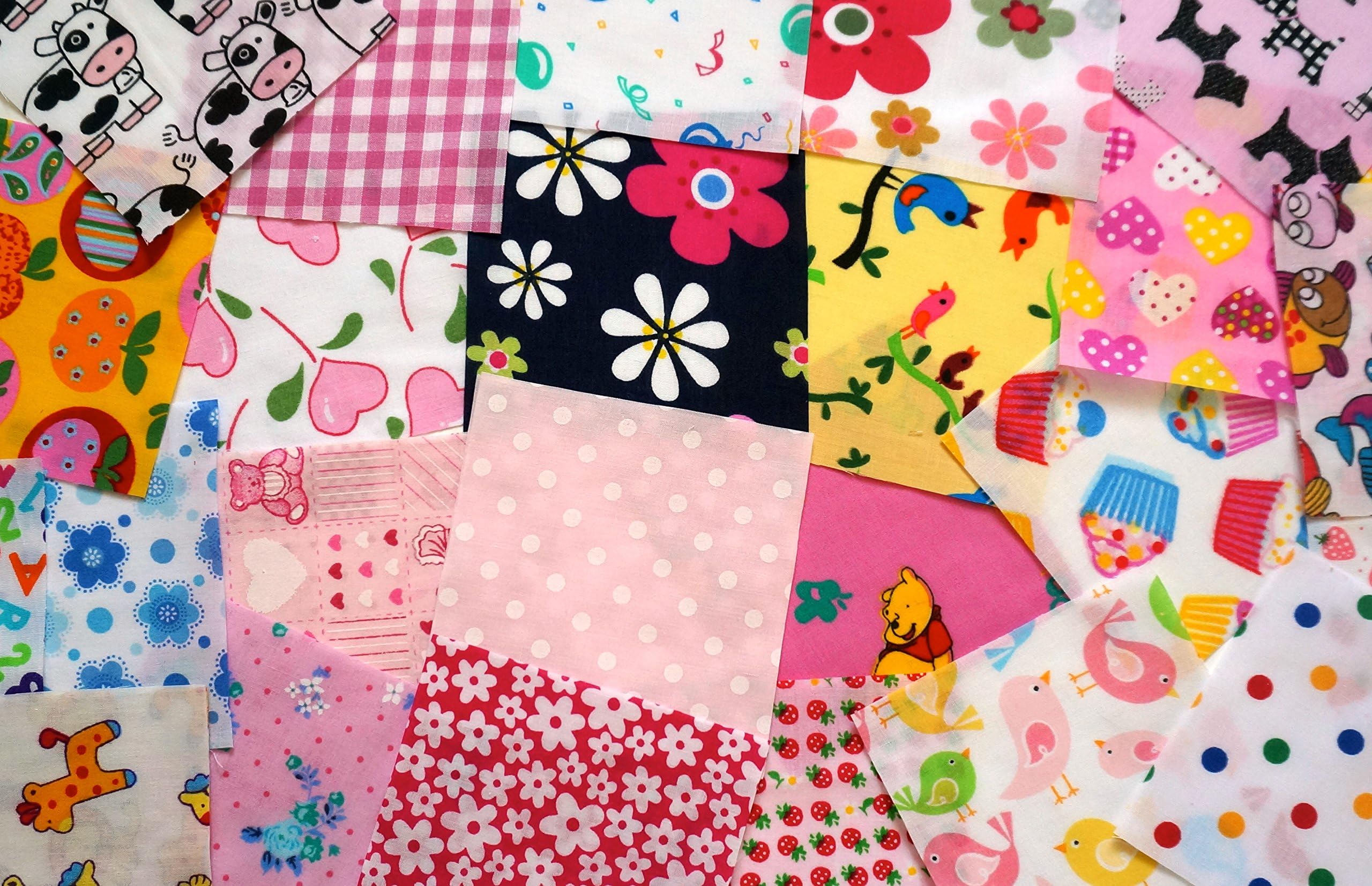 Simply Sew Craftyx 50 Children's Baby Girl Bright Patchwork Squares 10 x 10cm (4") - PLUS FREE 1 MTR GROSGRAIN RIBBON