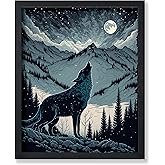 Poster Master Howling Wolf Poster - Moon Print - Mountain Art - Wolf & Moon Art - Gift for Men, Women & Animal Lover - Landscape Decor for Bedroom, Living Room or Kid's Room - 8x10 UNFRAMED Wall Art